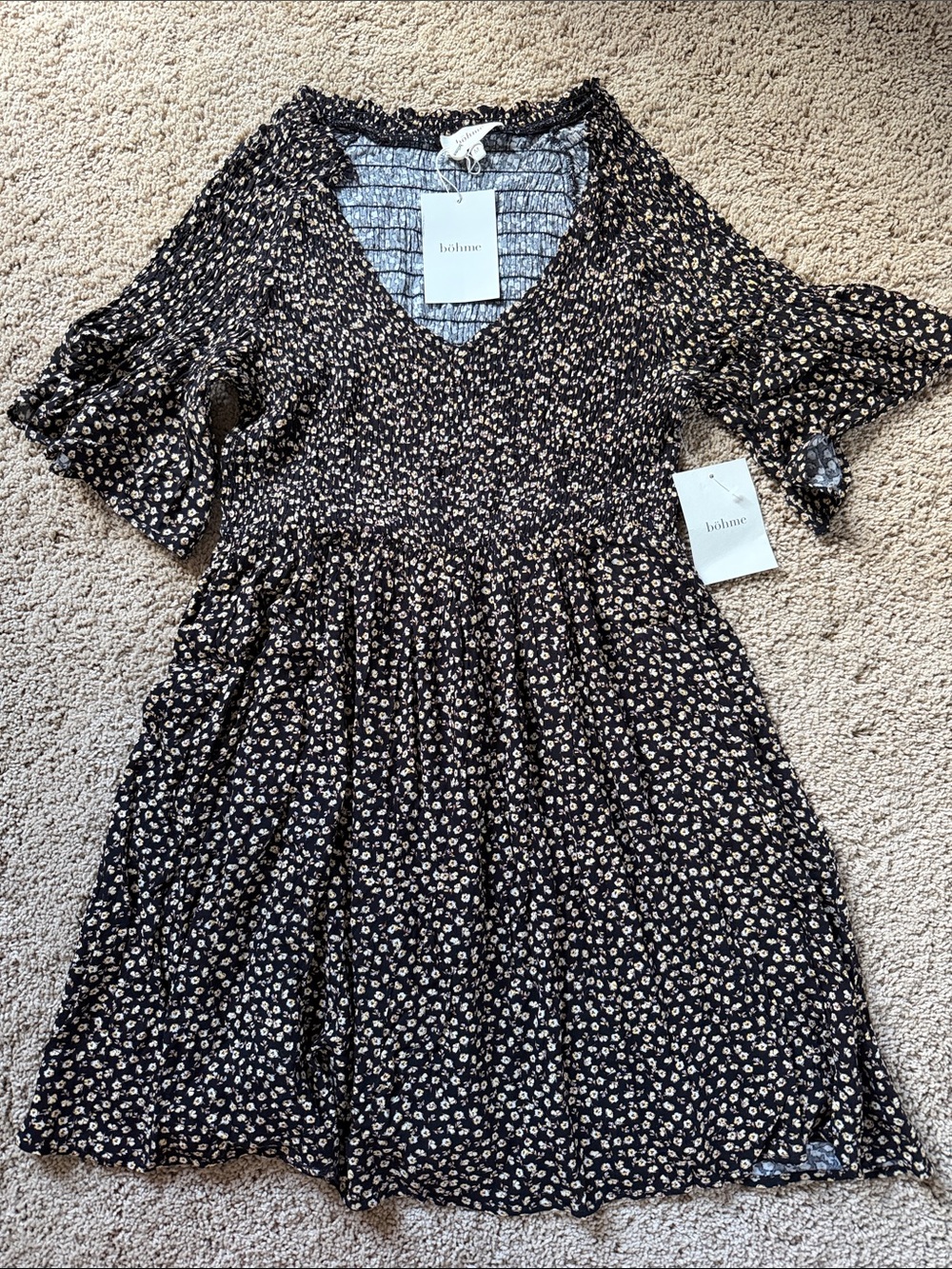 bohme Black Mini Dress with Cream Daisy Motif